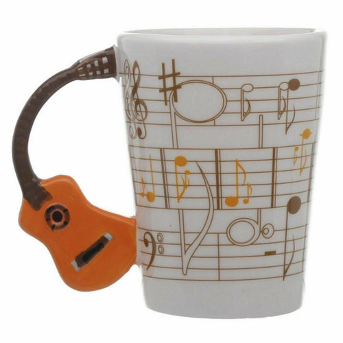Guitar Mug With Guitar Shaped Handle and  With A  Sheet Music Design